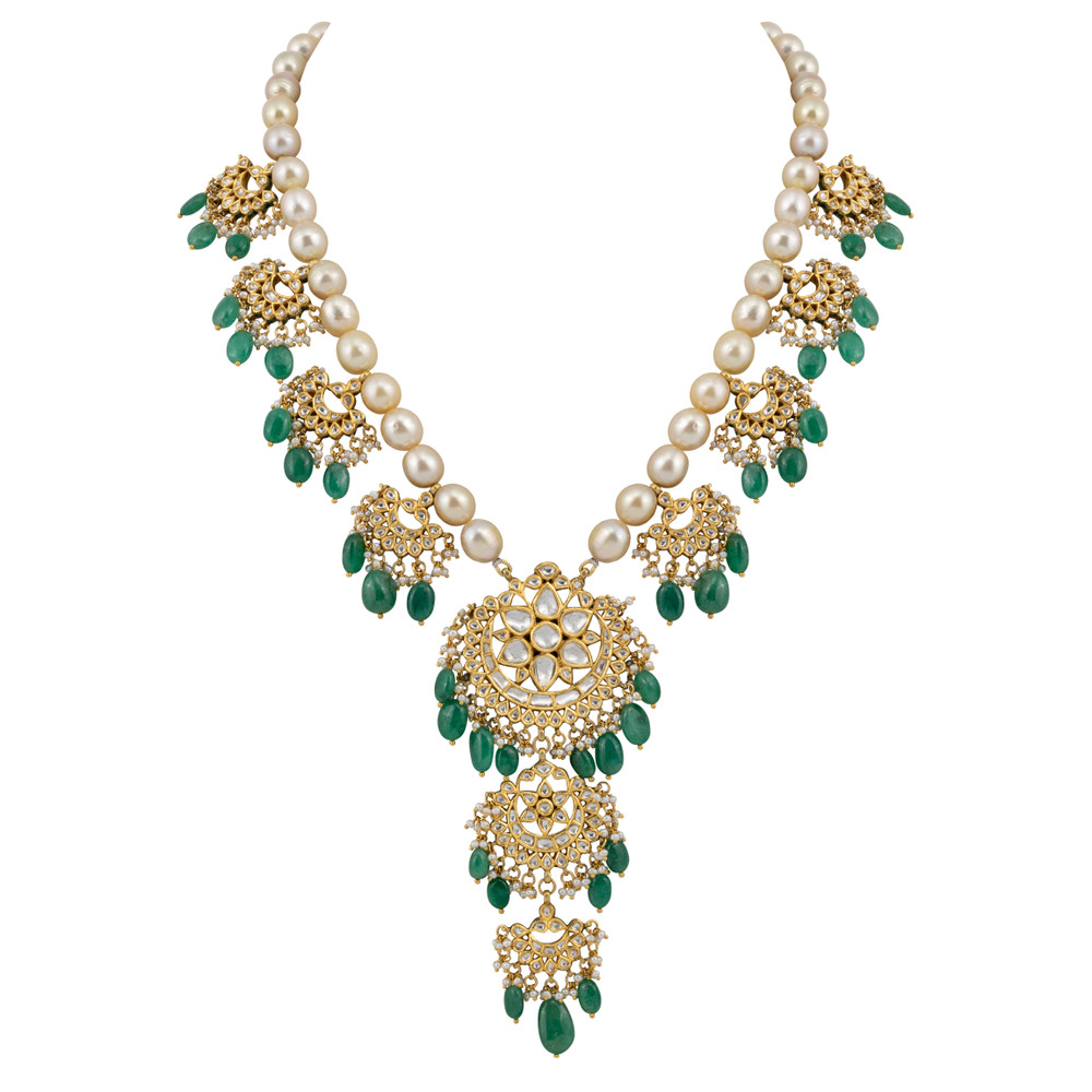 Pearl Chandbali Necklace with Emerald Drops